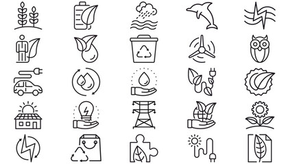 25 Minimalist Black Vector Icon Set Collection Bundle for Ecology, Renewable Energy, Sustainability, and Environment. Symbols for Solar Power, Recycling, Wind, Electric Cars, Nature, and Green Tech. © Rupali