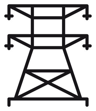 Minimalist black vector icon of an electric power transmission tower or pylon, symbolizing electricity supply, energy infrastructure, high voltage power lines, and industrial utility systems.