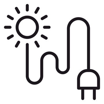Minimalist black line vector icon of a sun connected to an electrical plug by a wavy cable, representing renewable solar energy, green power, and sustainable electricity source illustration.