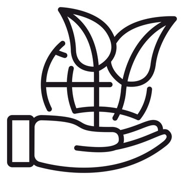 Eco-friendly hand holding globe with growing leaves vector icon illustration. Symbol of environmental protection, sustainability, and global green initiatives for earth conservation and nature.