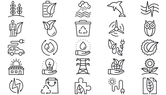 25 Minimalist Black Vector Icon Set Collection Bundle for Ecology, Renewable Energy, Sustainability, and Environment. Symbols for Solar Power, Recycling, Wind, Electric Cars, Nature, and Green Tech.