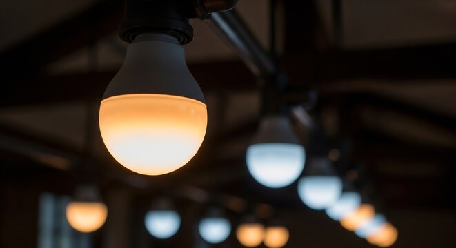 Light bulb glowing warm white in soft focus with out of focus bulbs in dark interior featuring bokeh, ceiling lamp, electrical with illumination and