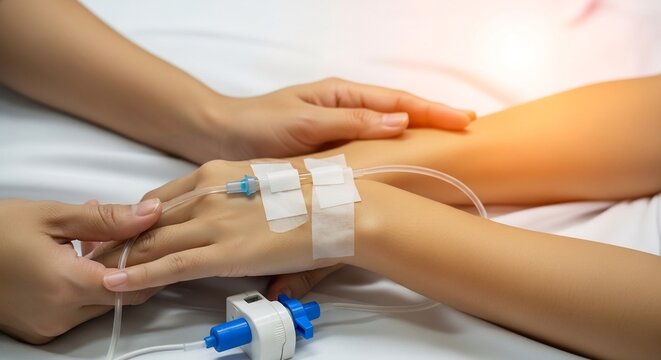 IV catheter infusion setup on arm with medical tape and tubing for ready hospital treatment featuring saline, drip, cannula with venipuncture and