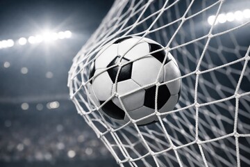 Fototapeta premium Black and white soccer ball hitting the white mesh netting of a goal during a night match in a stadium with bright floodlights