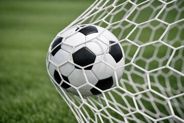 Fototapeta premium Black and white soccer ball hitting the white mesh netting of a goal on a blurred green grass field during a match