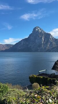 Mountains lake foliage traunstein sunny