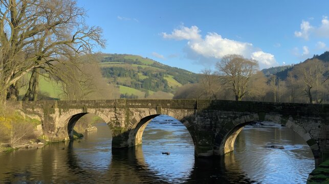 Historic stone bridge spanning a serene river with lush greenery and rolling hills under a clear blue sky with clouds