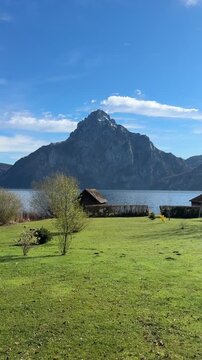 Mountains lake foliage traunstein sunny