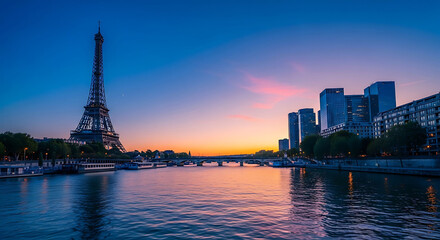 Fototapeta premium Eiffel Tower Paris France river Seine cityscape at sunset famous landmark