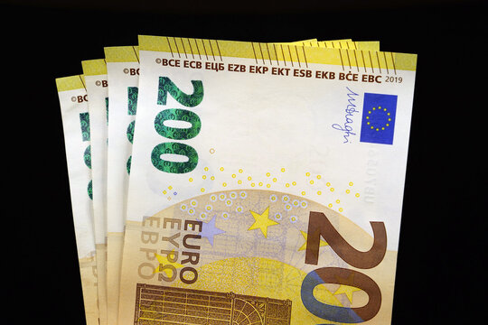 European Money. Two hundred Euro banknotes. Euro banknotes, EUR. Cash, finance, savings, wealth. 800 Euros in four 200 euro banknotes