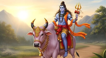 Fototapeta premium Depiction of shiva riding a majestic bull in a serene natural landscape at sunset
