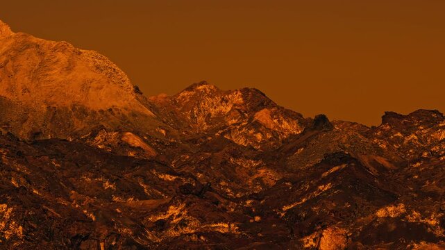 Martian landscape with rocky terrain and unique rock formations under an orange sky. Landscape of the red planet. Barren surface of a dry planet with desert ground and dramatic atmosphere, concept of