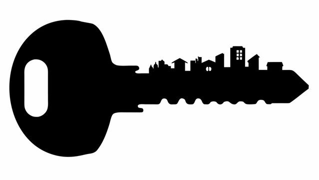 Black silhouette key with cityscape tooth pattern on white background symbolizing urban access and security