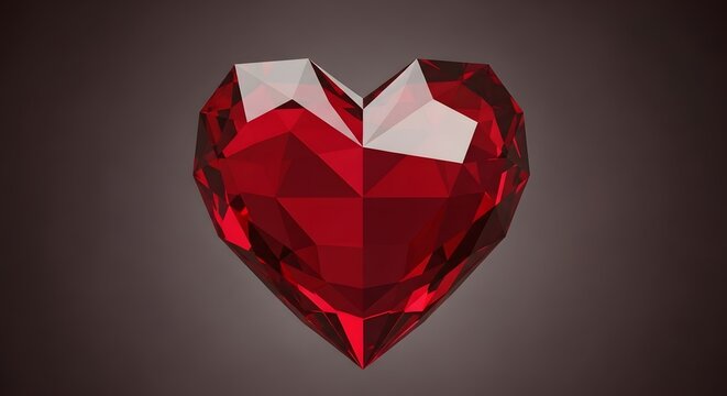 Polished ruby heart gemstone with sharp facets against a dark gradient background