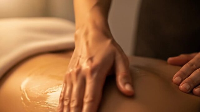 Close-up of therapeutic massage with oil on a person's back