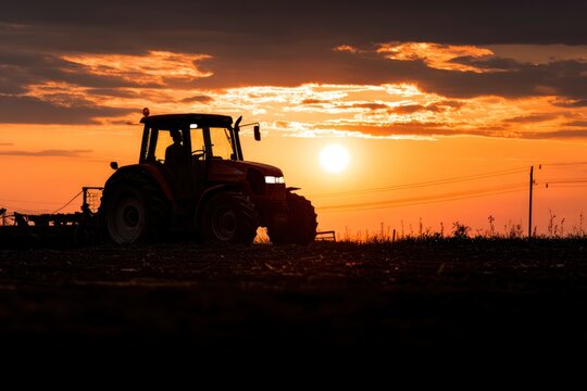 Silhouette of a tractor in a field at sunset, agricultural machinery working on farmland during golden hour.