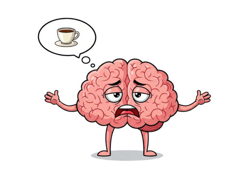A whimsical cartoon brain character with arms and legs thinking and thursty for coffe 