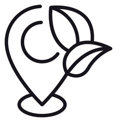 Minimalist black line vector icon of a map location pin combined with two organic leaves, symbolizing eco-friendly destinations, green spaces, sustainable travel, and environmental conservation. © MDNABIUL