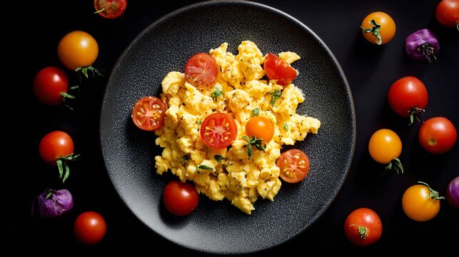 Soft scrambled eggs with cherry tomatoes, colorful contrast, top view composition