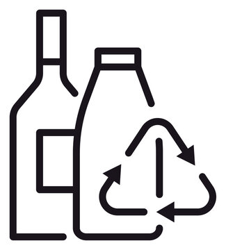 Recycling bottles vector icon illustration featuring a glass wine bottle and a plastic container with a recycle symbol, representing environmental sustainability, waste management, and eco-friendly