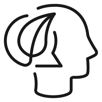 Minimalist black vector icon illustration of a human head profile with a leaf inside, representing environmental awareness, green thinking, sustainability, and nature-inspired mental health.
