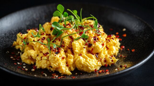 Soft scrambled eggs with chili flakes, dark background, bold contrast