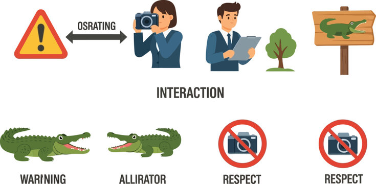 Alligator safety signage displays visual instructions for tourists to maintain a safe distance and respect wildlife in their natural habitat.
