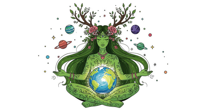 A mystical green goddess sitting with the Earth in her hands surrounded by planets and stars