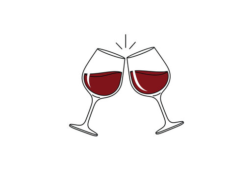 Illustration of two red wine glasses clinking together for a toast or celebration