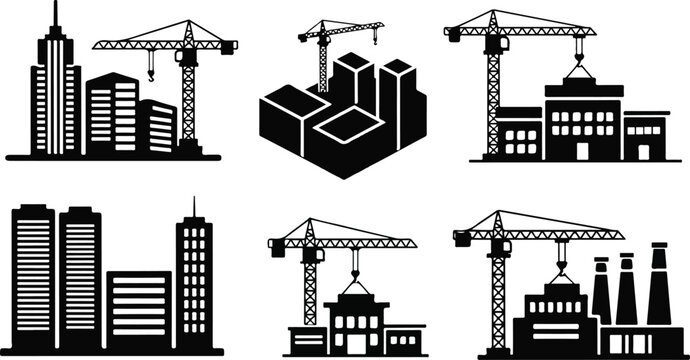 Black and white illustration depicting a building and construction crane scene. Building and construction crane vector illustrator.