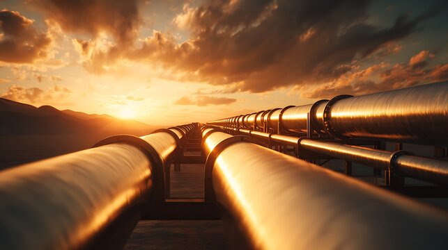 Shiny metal pipelines stretch across a landscape towards a sunset, symbolizing energy transport