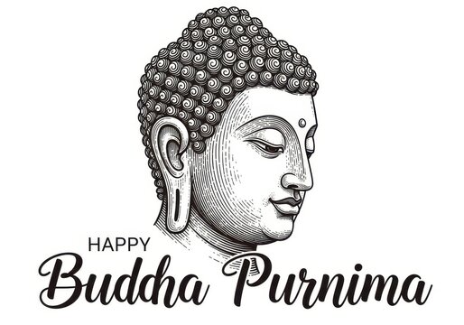 A detailed monochromatic illustration depicting the serene face of buddha for budha purnima day
