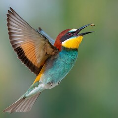 Obraz premium Colorful European bee-eater bird in flight catching a bee