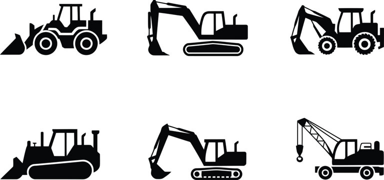Construction equipment icons excavators bulldozers and cranes in black and white