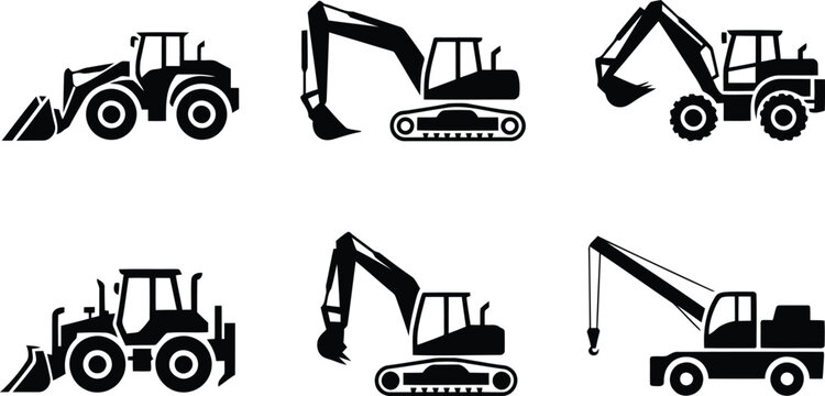 Construction equipment icons bulldozer excavator and crane silhouettes
