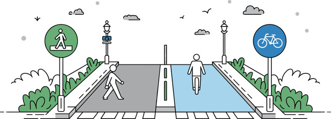 City street infrastructure with pedestrian crosswalk and bicycle path signs featuring person walking and bike lane in monoline vector. © MdLabib