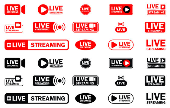 Live streaming icons, live badge, online broadcast, video stream, media player, play button, recording label, webcast, social media live symbols, streaming interface collection