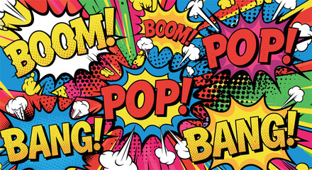 Colorful comic book explosion background with pop art speech bubbles boom bang text and retro halftone dynamic design © Jesika!