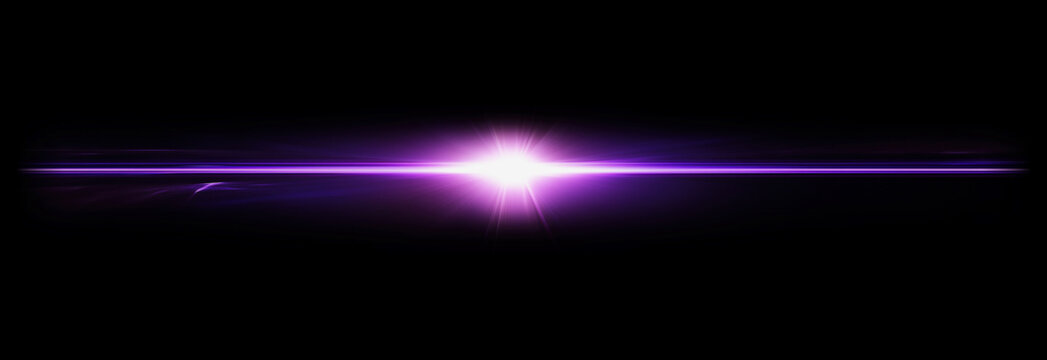Abstract purple horizontal lens flare light streak glowing energy beam on black background, cinematic sci fi light burst, neon glow effect, digital light leak overlay for video editing and design