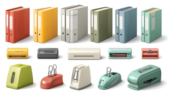 Row of office binders and desktop organizers. Various colors, isolated, clean