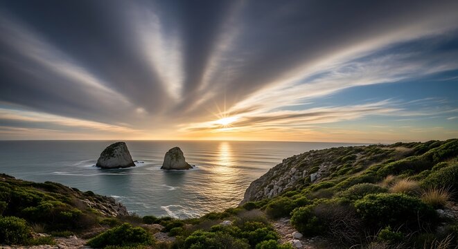 Scenic sunset over the ocean with dramatic sun rays piercing through clouds above two rocky islands near a coastal cliff