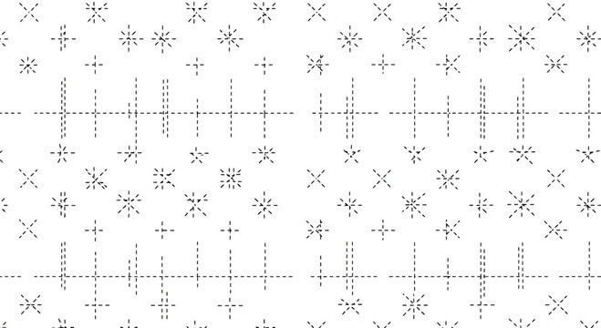 A stark, black and white abstract pattern composed of dashed lines creating various shapes