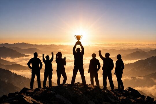 Silhouetted group of people standing on a mountain peak at sunrise, one person in the center holding a golden trophy cup above their head