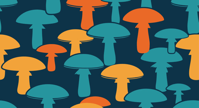 A repeating pattern of stylized mushrooms in teal, orange, and yellow on a dark background