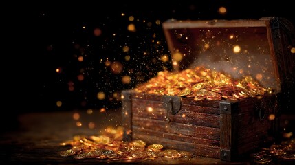 Obraz premium Wooden treasure chest overflowing with gold coins and shimmering particles on dark backdrop