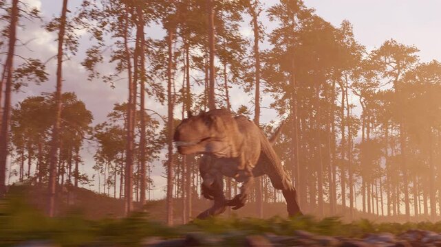A 4K, 11-second 3D animation of a mighty Allosaurus stalking prey through a prehistoric forest at dusk. This realistic reconstruction depicts the predator's movements in its natural, ancient habitat.