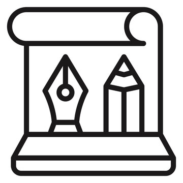 Minimalist black vector icon illustration of a paper scroll featuring a fountain pen nib and pencil, representing graphic design, creative drafting, architectural sketching, and artistic tools.