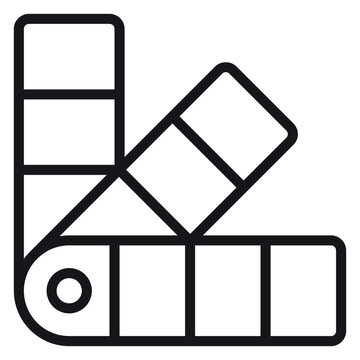 Professional minimalist black line vector icon of a color swatch book or palette fan deck, ideal for graphic design, printing, painting, and interior decoration projects, isolated on white.