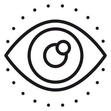 Minimalist black vector icon illustration of a human eye with a dotted circular border, representing vision, sight, surveillance, focus, observation, and awareness on a white background.