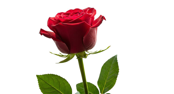 Single red rose flower with green leaves and stem isolated on white background